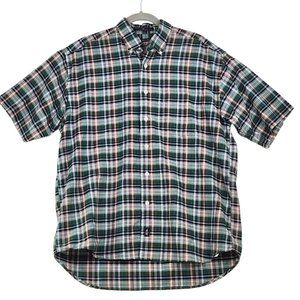 Dockers Men's Size Medium Button Down Shirt Red White Green Plaid Short Sleeve